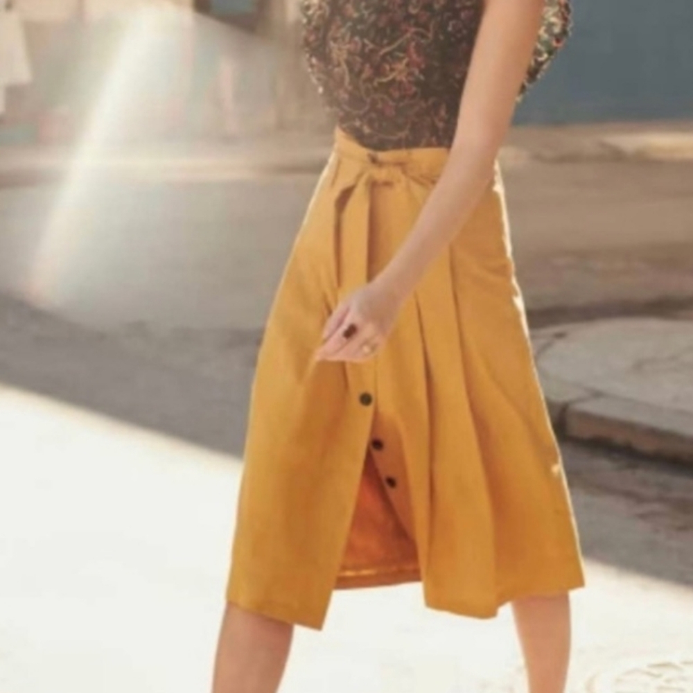 Sezane Mustard Button-Front Midi Skirt - Picture 2 of 7